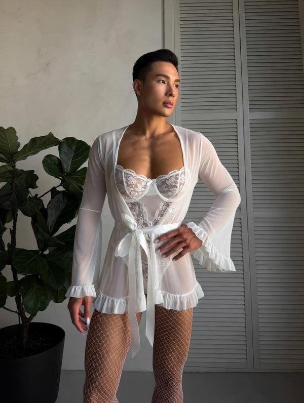 Wedding Lingerie Set for Men And Femboys – Bodysuit, Robe & Stockings – LGBT Outfit