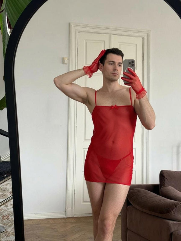 Red Sheer Lace-Up Peignoir Dress, Femboy Lingerie Set, Mesh Nightgown & Panties, Gender Fluid Fashion S-L