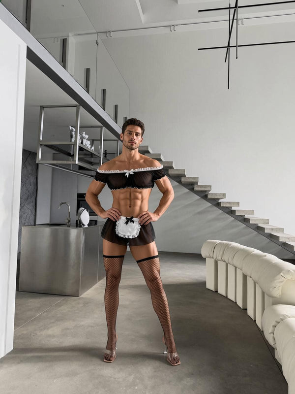 Sheer Maid Top Skirt Costume for Men, Lace Apron Roleplay Outfit, Femboy Cosplay Set, Gay LGBTQ Lingerie