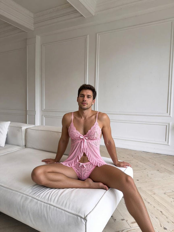 Powder Pink Lace Peignoir Robe Set for Men, Bow Detail Lingerie with Panties, Femboy Lingerie, Gay LGBTQ Fashion Set