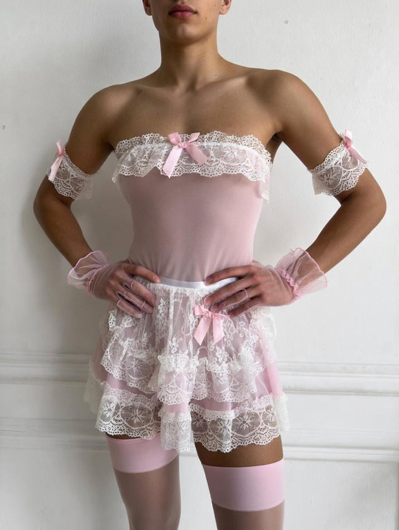 Femboy Pink Lingerie - Men Lace Dress -  Set for Men - Apron Headband Set LGBTQ Gender - Neutral Kawaii Cosplay Lingerie