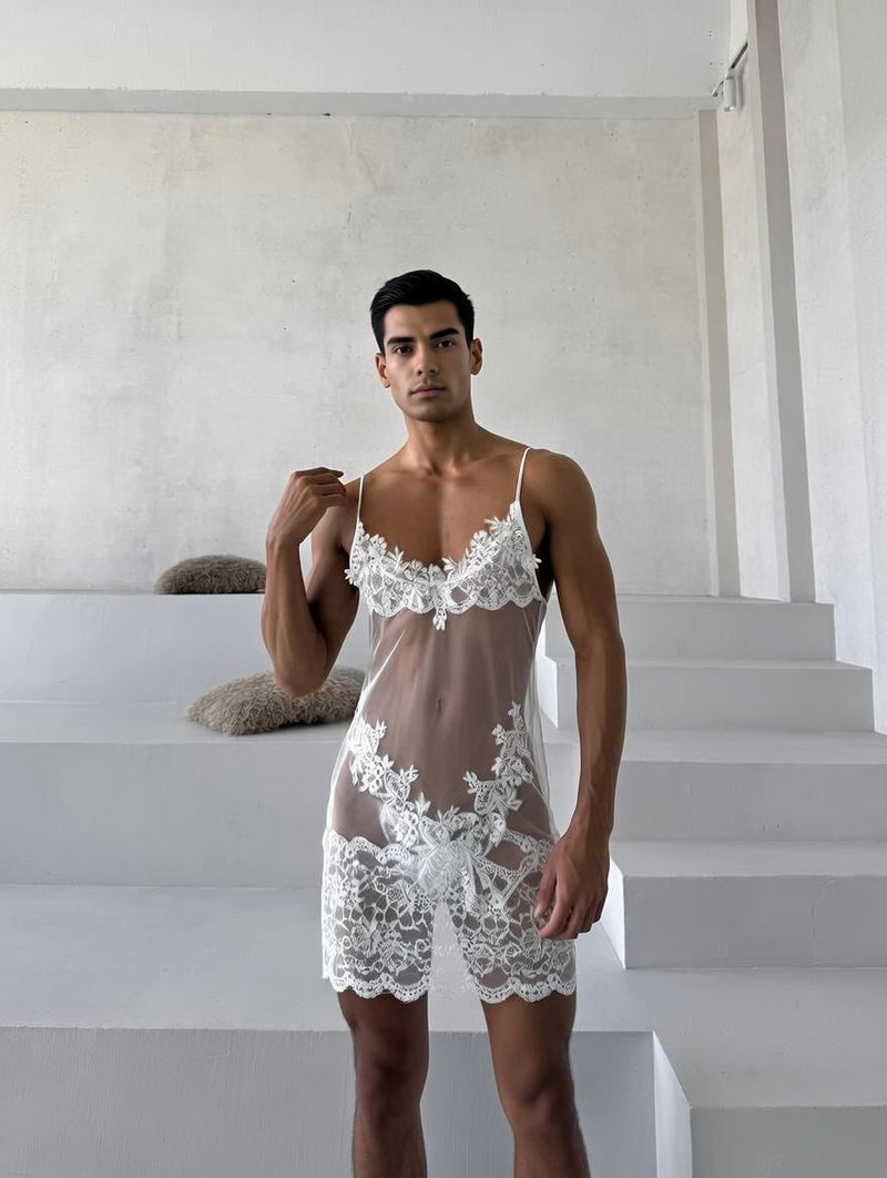 White Lace Babydoll, Sheer Femboy Lingerie with Thong
