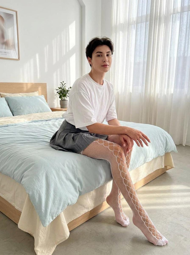 Femboy Fishnet Stockings for Men - Kawaii Tights - LGBTQ Gender Neutral Hosiery - Soft Boy Aesthetic Legwear -  Stretch Mesh Pantyhose