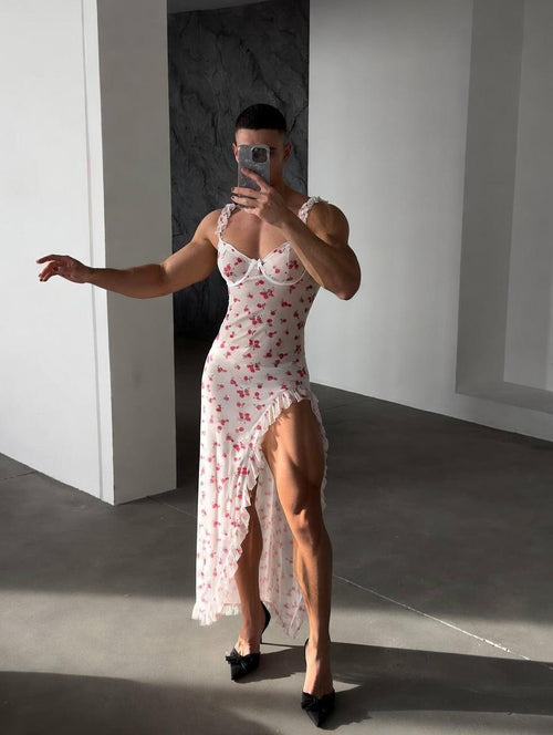 Floral Peignoir for Men and Femboys – Asymmetric Sheer Lingerie Dress with Briefs – LGBT Outfit