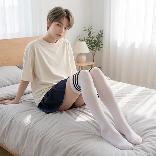Femboy Socks - White and Black Long Socks - Cute Kawaii Legwear - Gender Neutral Stockings - Femboy Aesthetic - Stockings Streetwear Hosiery
