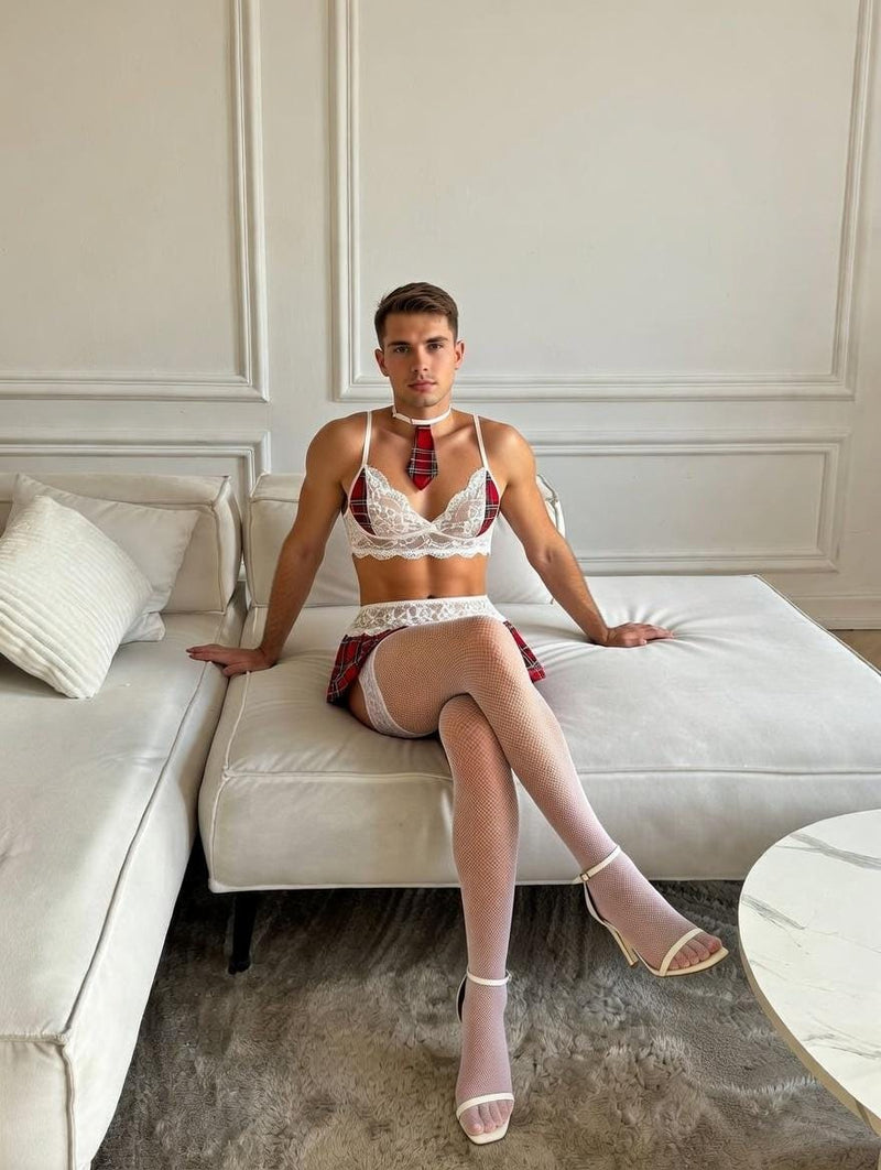 Femboy Lace Lingerie Set – Men Bra, Skirt, Choker and Stockings - LGBT Underwear