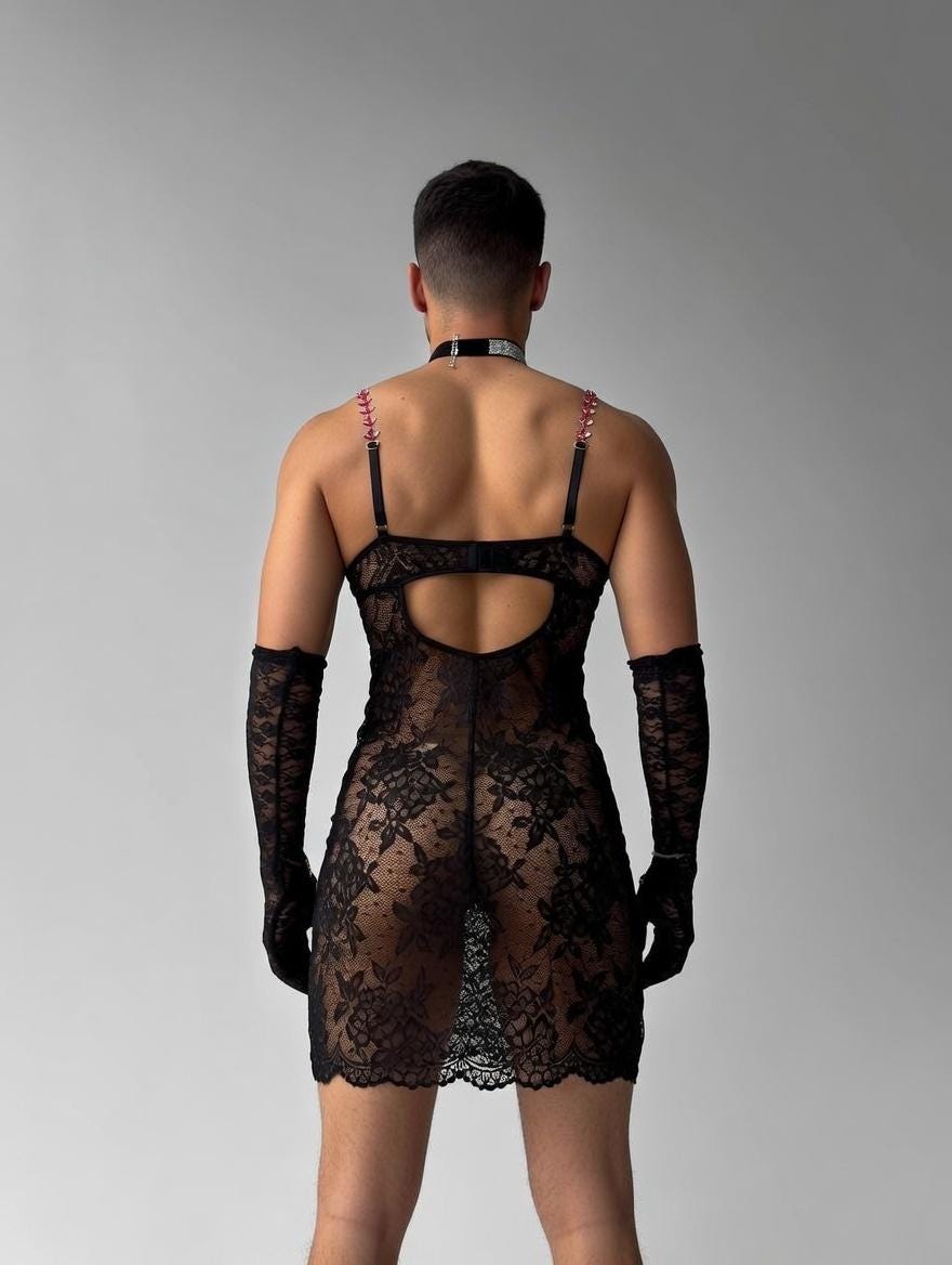 Black Lace Dress for Men and Femboys – Night Lingerie Set with Underwire – LGBT peignoir