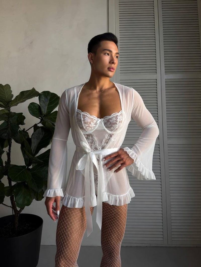Wedding Lingerie Set for Men And Femboys – Bodysuit, Robe & Stockings – LGBT Outfit