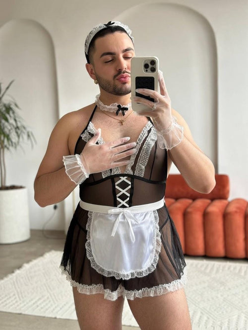 Femboy Maid Roleplay Costume – Lace & Mesh Set for Men – LGBT Lingerie