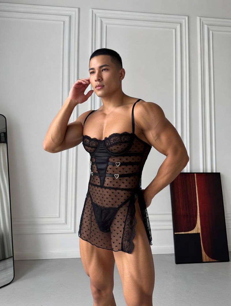 Sheer Mesh Lace Peignoir for Men and Femboys – Heart Detail Lingerie Dress with Briefs – LGBT Outfit