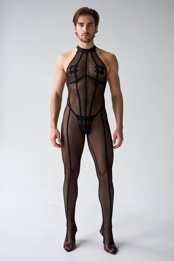 Black Mesh Bodystocking for Men & Femboys – Sheer Bodywear with High Neck, Slimming Lines – Gender Inclusive Lingerie – LGBTQ Friendly