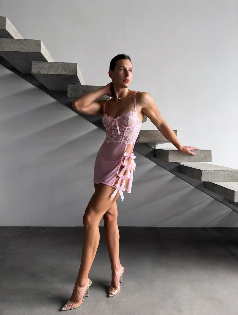 Peignoir for Men and Femboys – Sheer Lingerie Dress with Bow Details – LGBT Outfit