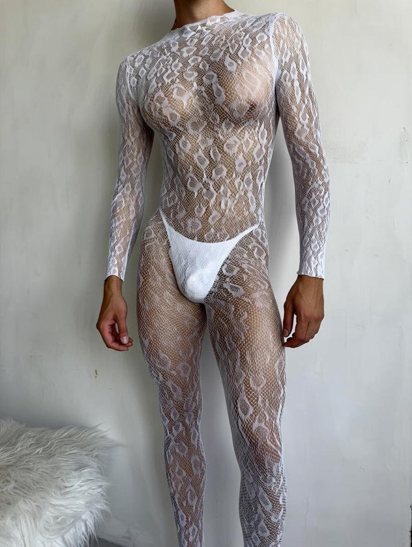 White Lace Bodystocking for Men, Sheer Femboy Lingerie