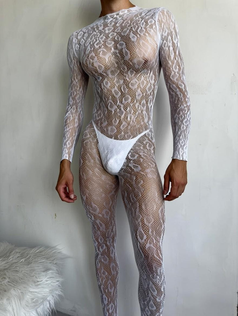 White Lace Bodystocking for Men, Sheer Femboy Lingerie