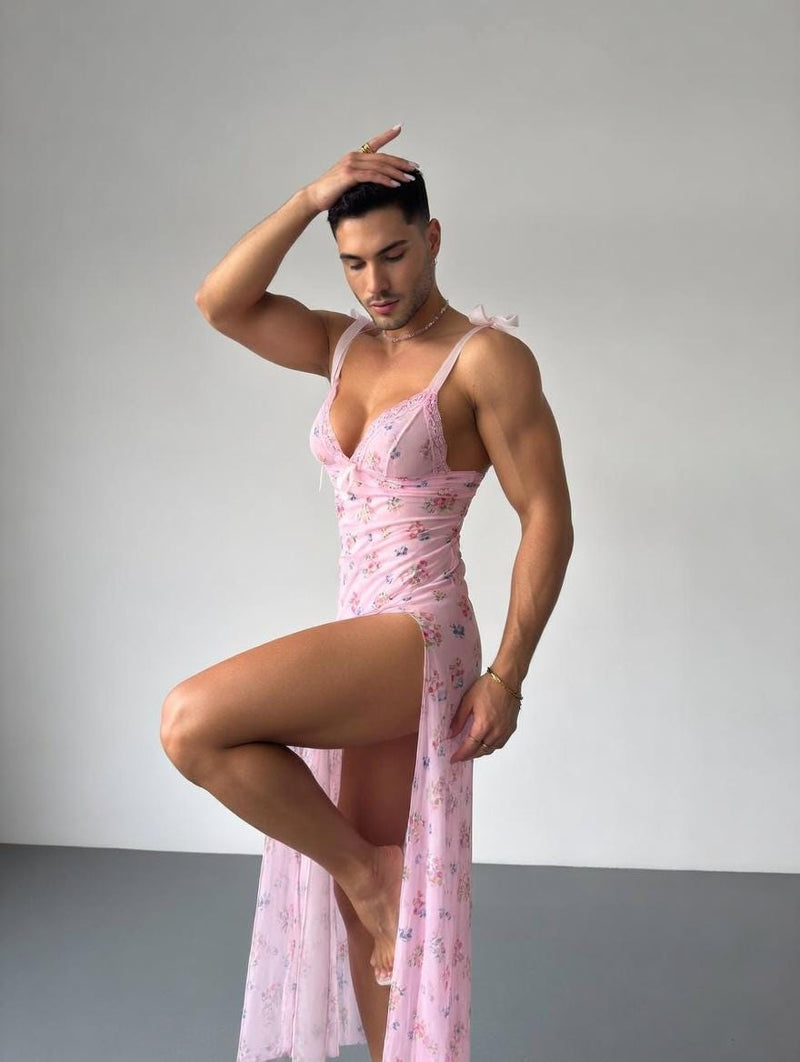 Floral Lace Peignoir for Men And Femboys – Long Sheer Lingerie Dress with Briefs – LGBT Outfit