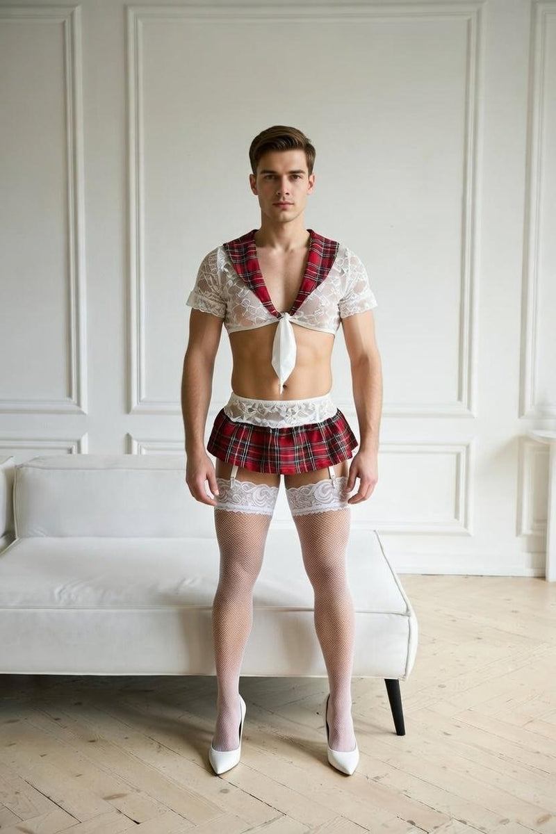 Roleplay School Lingerie for Men and Femboys – Plaid Skirt Set with Stockings – LGBT Lingerie
