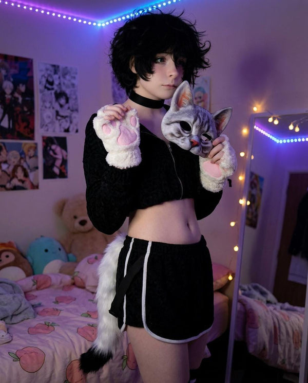 Femboy Cat Quadrobics Set · 3D Mask Paw Gloves Tail · Furry Cat Costume Kit · Kawaii Cosplay Cat Set · Femboy Starter Kit Gift