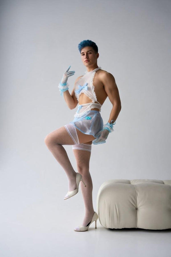 Femboy Cosplay Lingerie Set | Sheer Mesh Top Skirt Apron | LGBT Gay Men Underwear | Gender Fluid Fashion | Headband Included | One Size