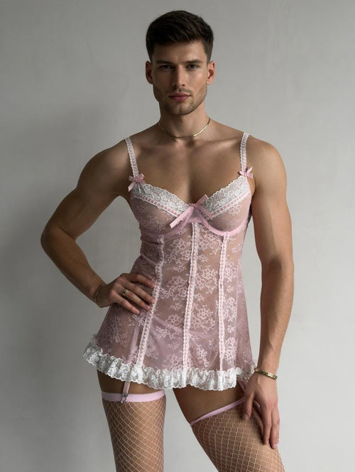 Femboy Lingerie Set, Pink Babydoll Lingerie, Lace Sleepwear, Feminine Lingerie Set, Cute Femboy Outfit, Sheer Babydoll Dress, Anime