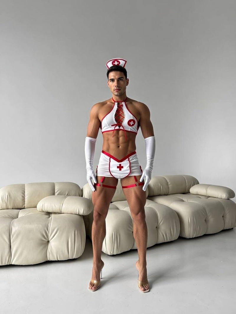 Femboy Roleplay Costume for Men and  Femboys – Lace-Up Top, Mini Skirt, Garters & Headband, Playful Adult Outfit, LGBT Fashion