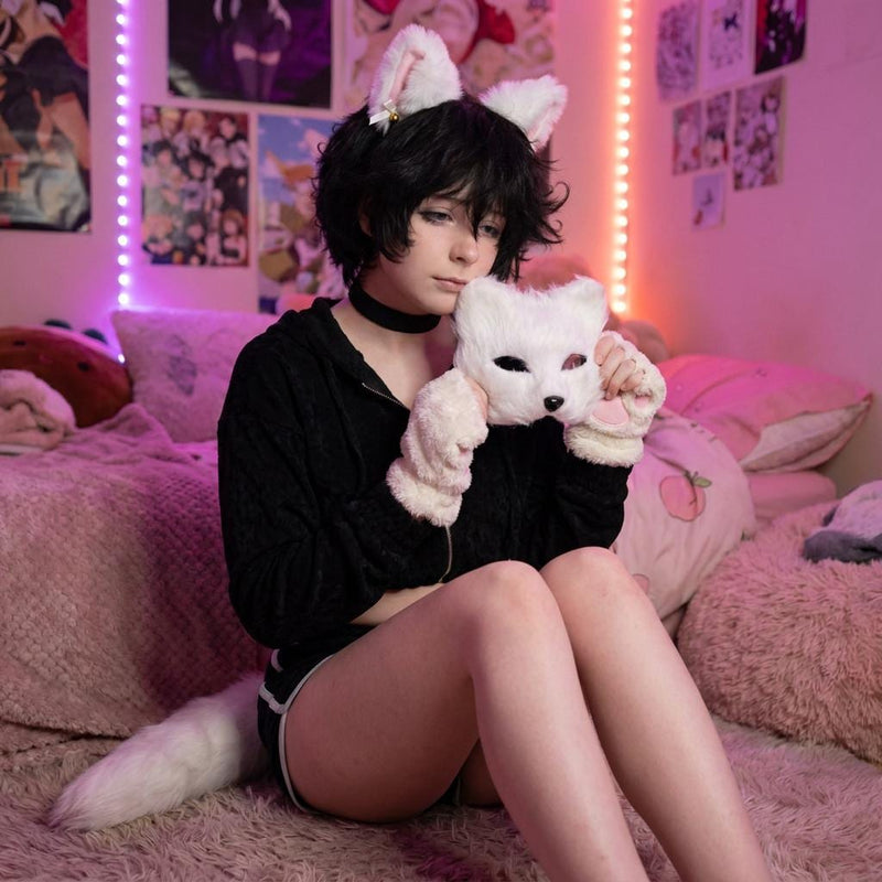 White Fluffy Cat Quadrobics Set · Mask Ears Paws Tail Kit · Complete Furry Cat Costume · Kawaii Cosplay Cat Kit · Quadrobics Full Set Gift