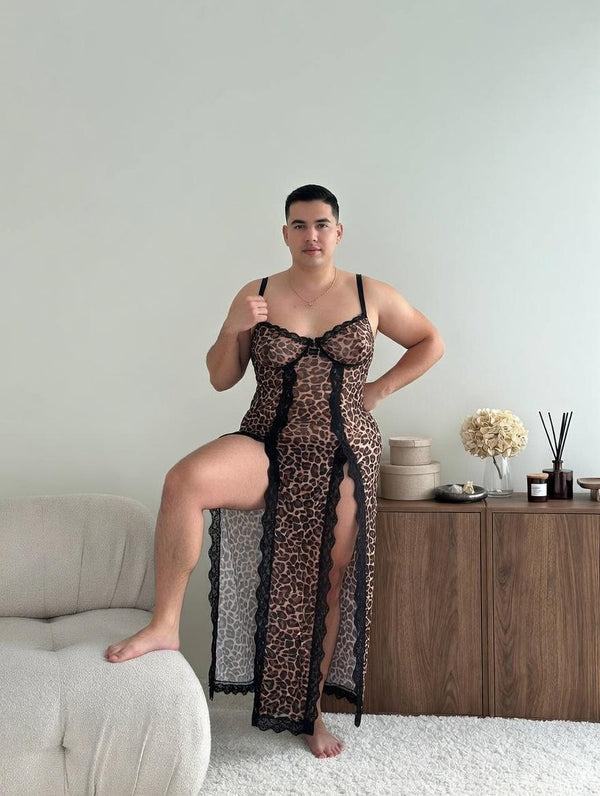 Long Leopard Dress for Men -  Femboys Lingerie – Lace Mesh Outfit with Underwire – LGBT Lingerie