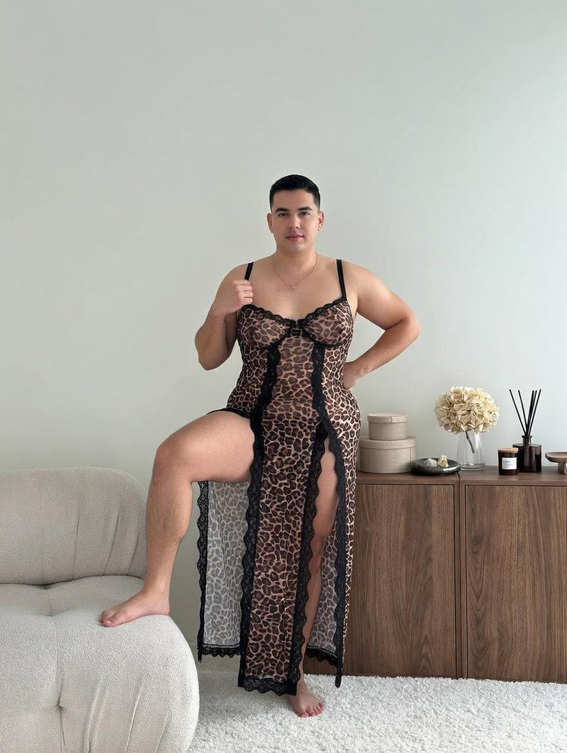 Long Leopard Dress for Men -  Femboys Lingerie – Lace Mesh Outfit with Underwire – LGBT Lingerie