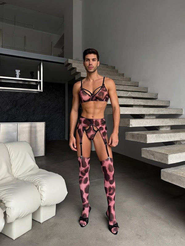 Men's Lingerie Set – Underwire Bra, Garter Belt & Stockings