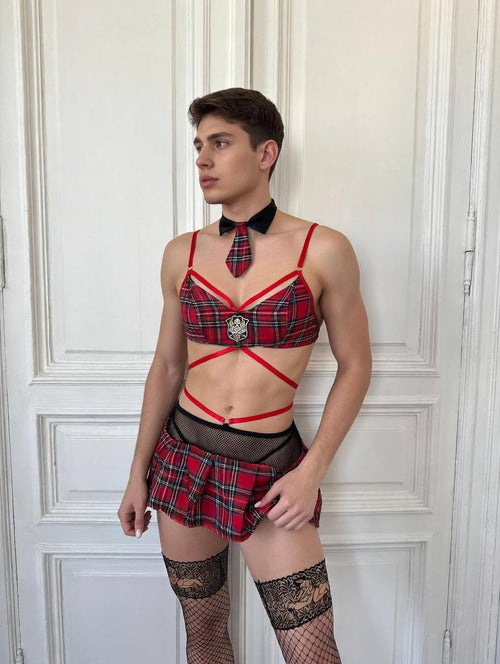 Femboy Lingerie Set | Plaid Mini Skirt Top Tie Panty | LGBT Gay Men Underwear | Gender Fluid Fashion | Schoolgirl Aesthetic Set | Plus Size
