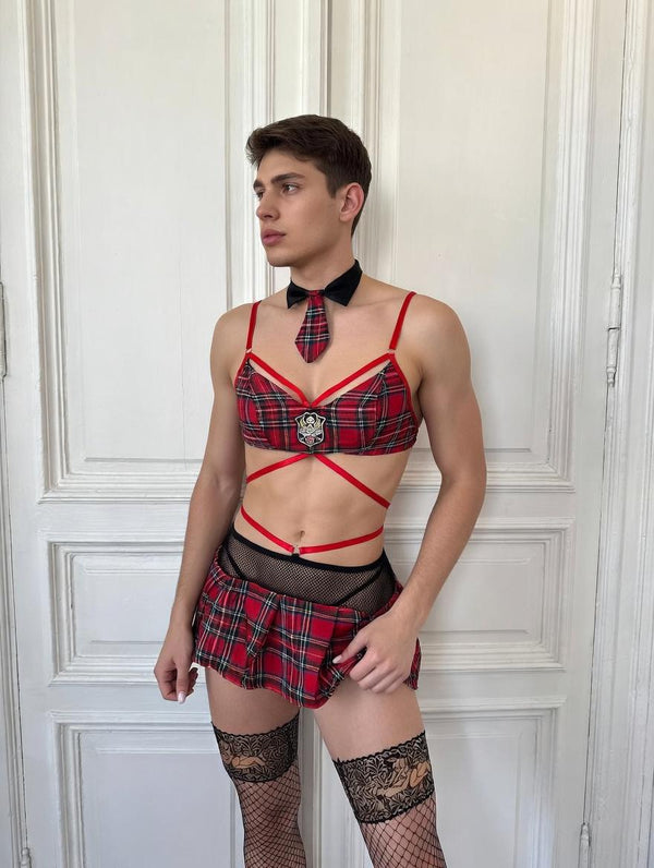 Femboy Lingerie Set | Plaid Mini Skirt Top Tie Panty | LGBT Gay Men Underwear | Gender Fluid Fashion | Schoolgirl Aesthetic Set | Plus Size