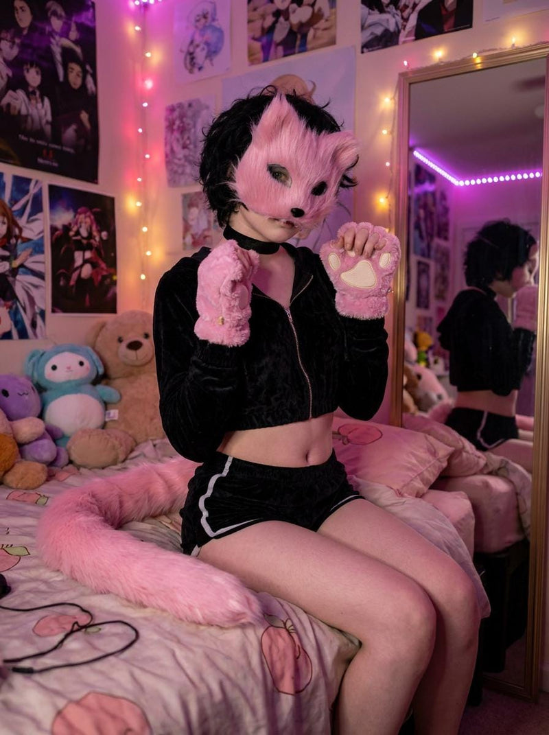 Pink Fluffy Cat Quadrobics Set · Femboy Mask Paw Gloves Tail · Kawaii Cat Costume Kit · Pink Cosplay Cat Set · Quadrobics Starter Gift