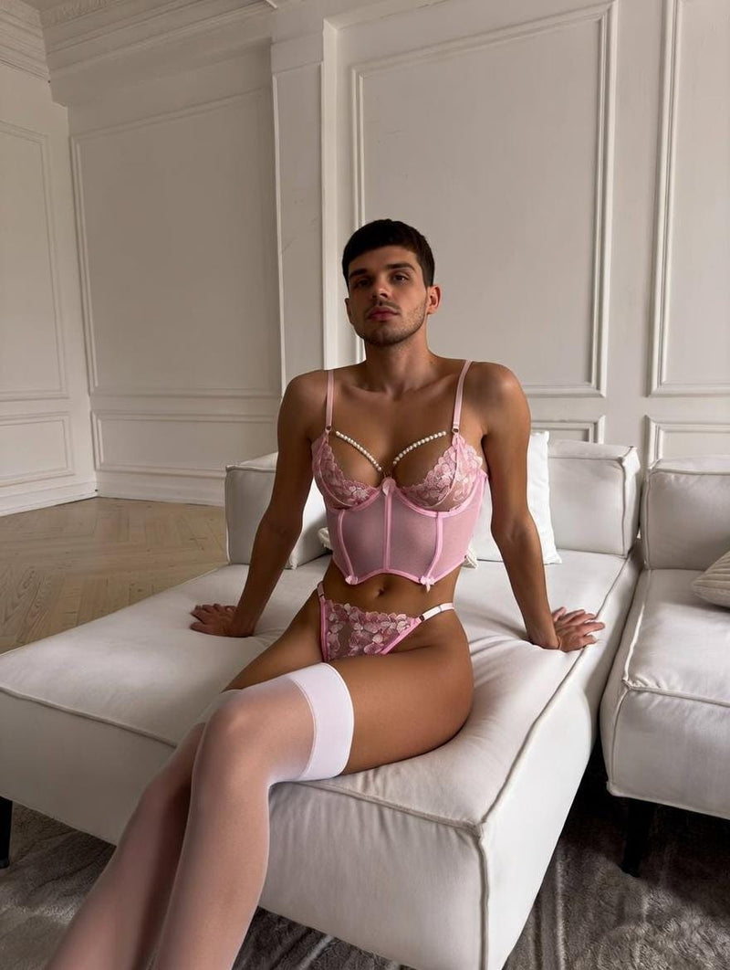 Pink Lace Lingerie Set for Men – Pearl Underwire Bra & Briefs