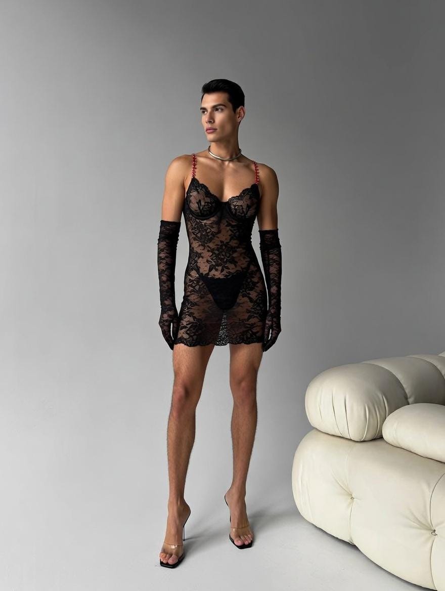 Black Lace Dress for Men and Femboys – Night Lingerie Set with Underwire – LGBT peignoir