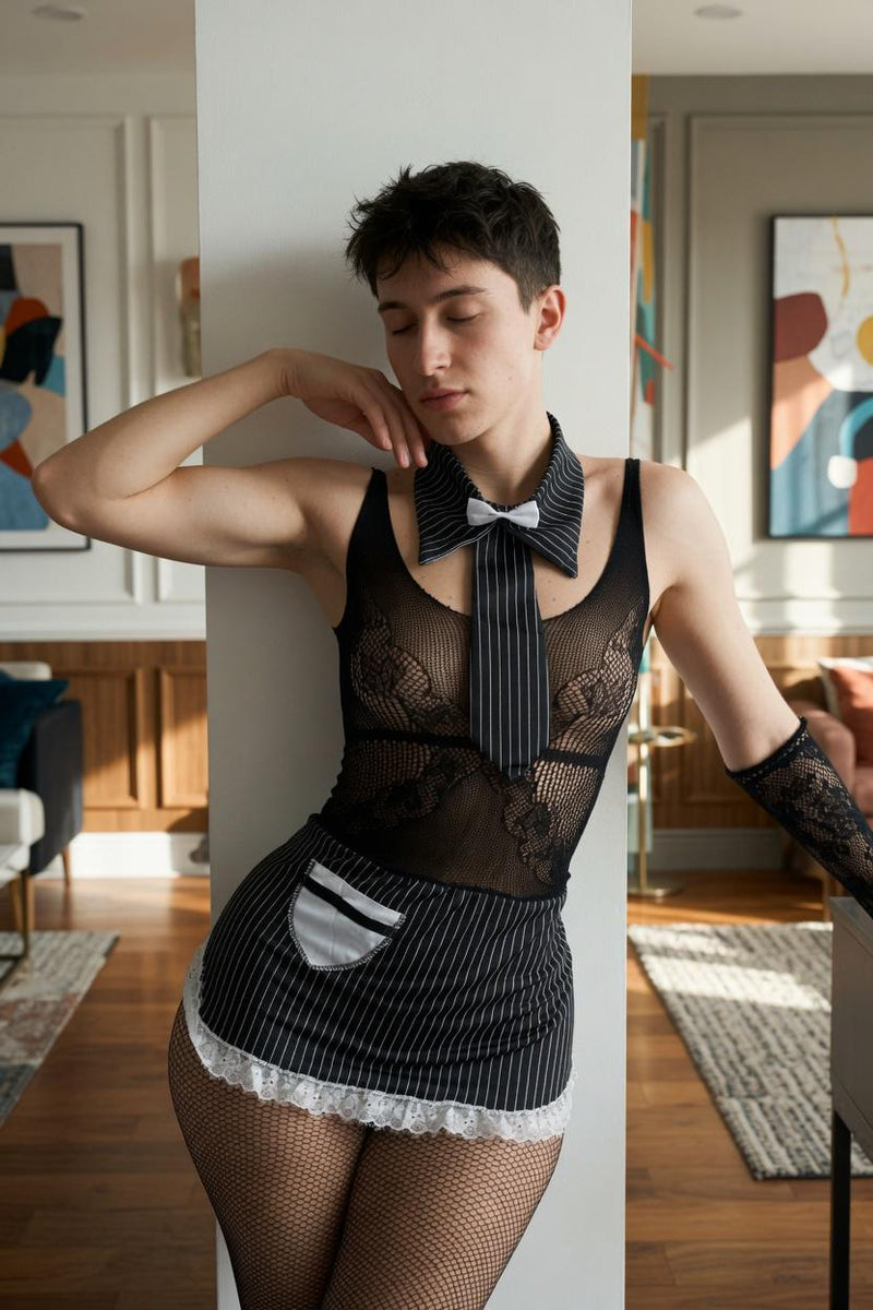 Men Lingerie Set | Femboy Mini Dress with Tie Gloves Stockings | Gay Mens Cosplay Lingerie