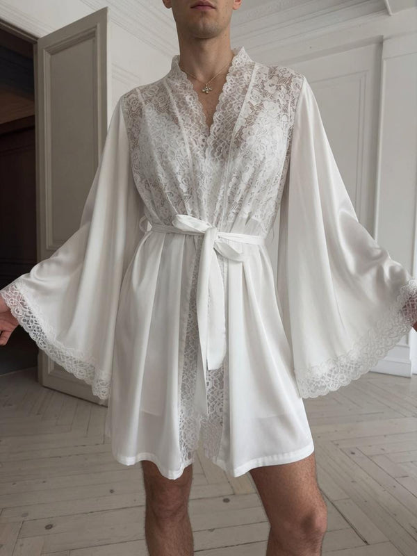 Femboy Lace Robe Set for Men, Sheer Lace Nightwear, Feminine Robe and Chemise, Crossdress Lingerie, Soft Sleepwear Gift