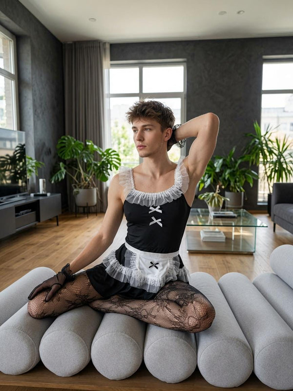 Feemboy Lingerie Dress - Apron Gloves Stockings, Femboy Maid Outfit, Lace Maid Dress Men, Gay LGBTQ Cosplay Costume, Roleplay Outfit Gift