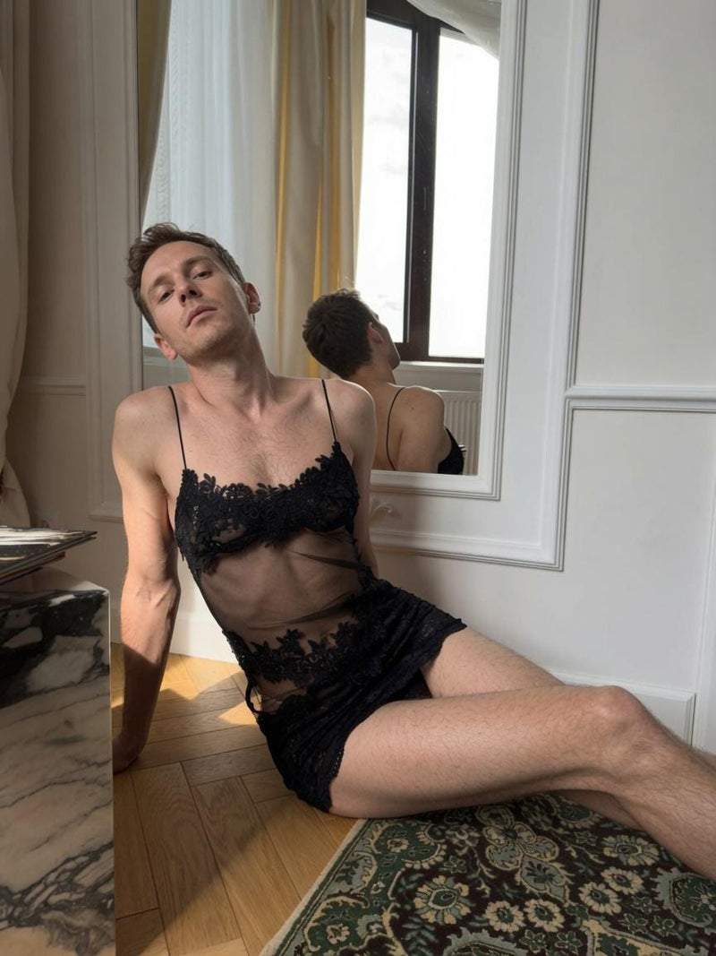 Men's Sheer Lace Peignoir, Femboy Lingerie Robe, No Underwire, Boneless Lace Robe, Gender Fluid Nightwear S-XL