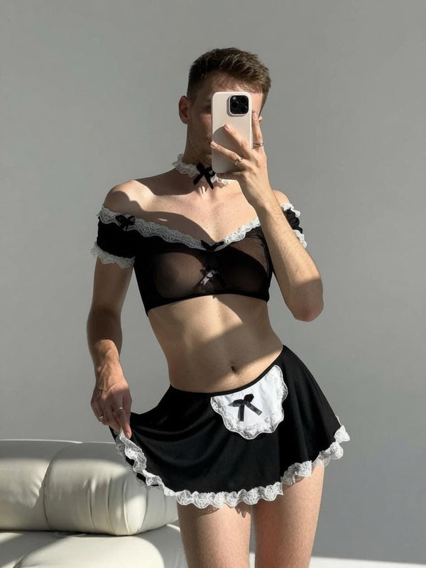 Femboy Maid Costume Set, Gay Men's Lingerie, Sheer Mesh Apron Set, LGBT Roleplay Costume, One Size