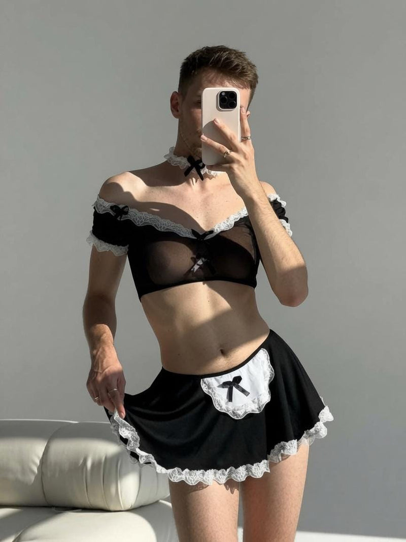 Femboy Maid Costume Set, Gay Men's Lingerie, Sheer Mesh Apron Set, LGBT Roleplay Costume, One Size