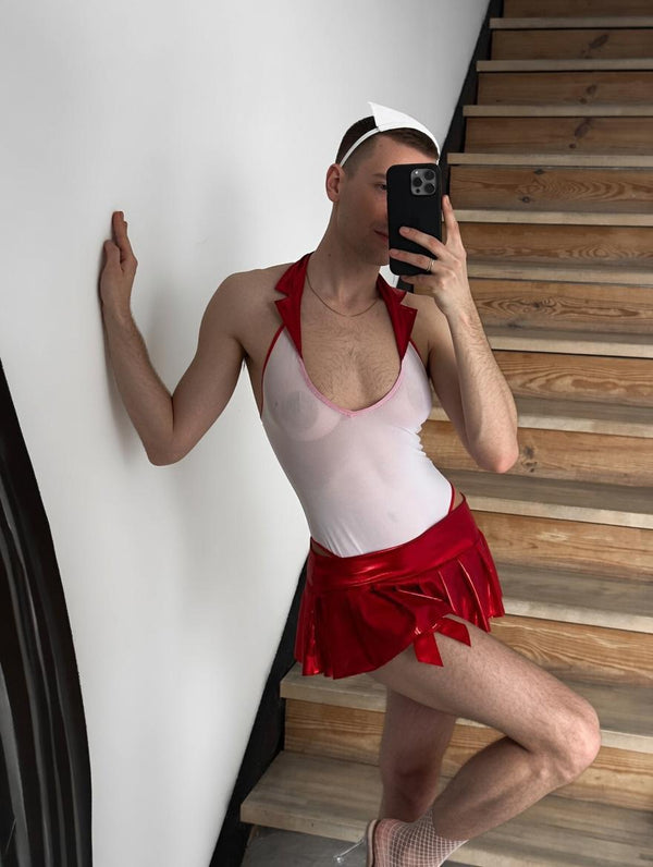Femboy Nurse Costume Set, Gay Men's Lingerie, Mesh Bodysuit Skirt Headband, LGBT Roleplay Costume, One Size