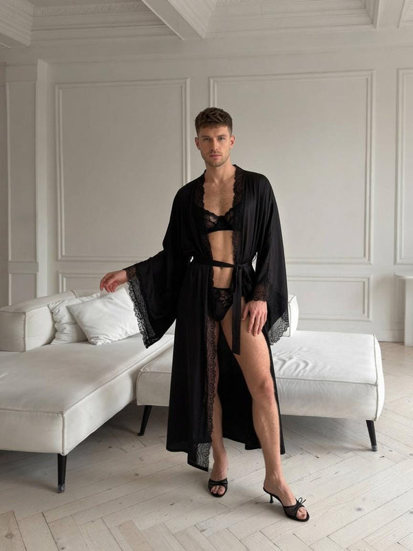 Femboy Lace Robe, LGBT Feminine Clothing, Sheer Lace Kimono, Gender Expression Outfit, Crossdresser Robe, Androgynous Fashion