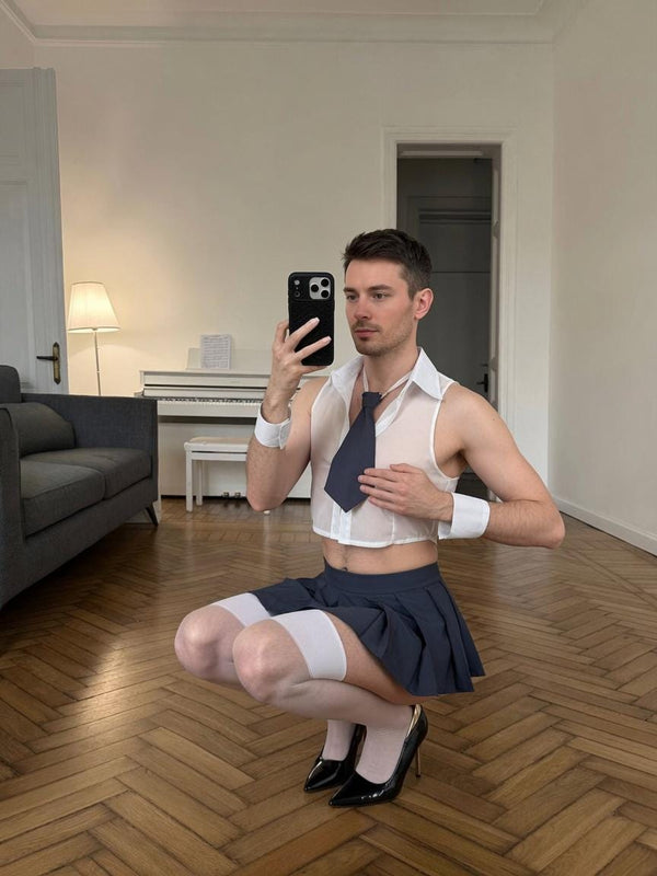Femboy Outfit, White Skirt Set, LGBT Clothing, Crossdresser Outfit, Feminine Top, Preppy Femboy Fashion, Gender Expression
