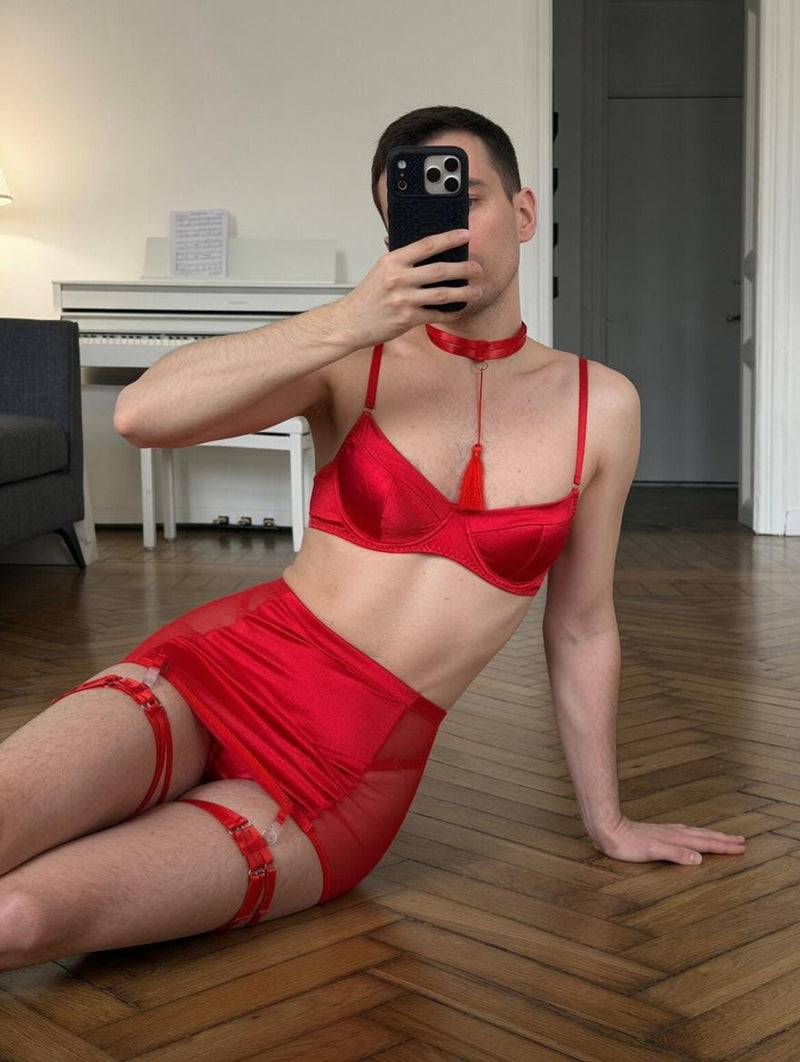Red Femboy Lingerie Set, Gay Lingerie, Femboy Lingerie, LGBT Lingerie, Satin Lingerie Set, Crossdresser Lingerie, Feminine Menswear