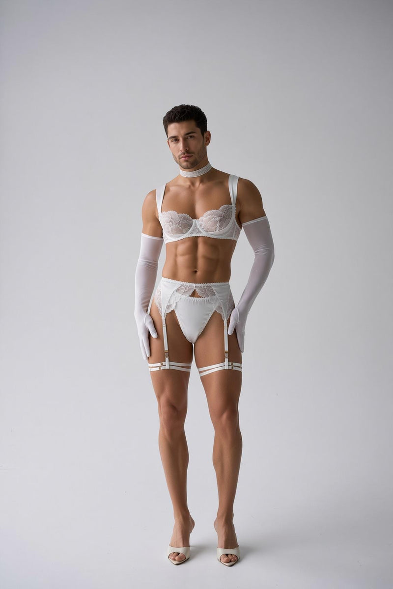White Lace Lingerie Set for Men, Bra Garter Belt Set, Femboy Lingerie, Gay LGBTQ Fashion Cosplay Set
