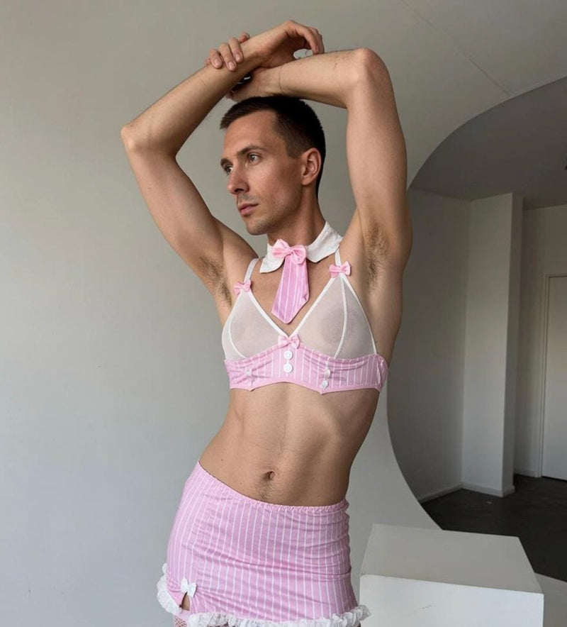Pink Lingerie, Femboy LGBT Clothing, Feminine Costume Set, Crossdresser Outfit, Sheer Stockings, Tie, Gender Expression