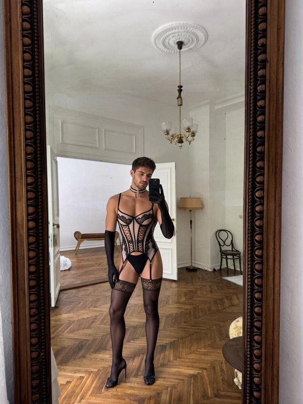Corset Bustier Set with Lace Trim, Nude Black Bra Panty Set for Men, Femboy Lingerie, Gay LGBTQ - sissy lingerie