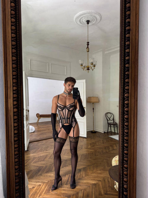 Corset Bustier Set with Lace Trim, Nude Black Bra Panty Set for Men, Femboy Lingerie, Gay LGBTQ - sissy lingerie