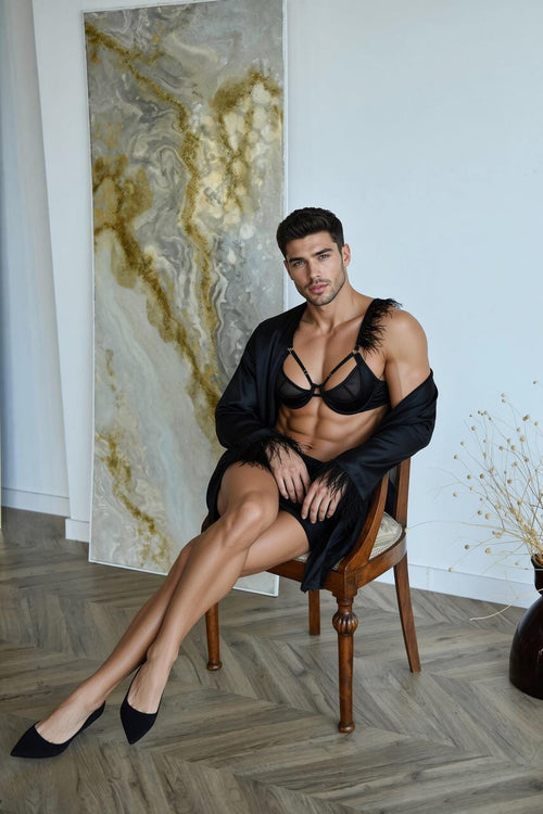 Feather Trim Robe Lingerie Set for Men, Silky Bra Panty Robe Set, Femboy Sleepwear, Gay LGBTQ Fashion Set