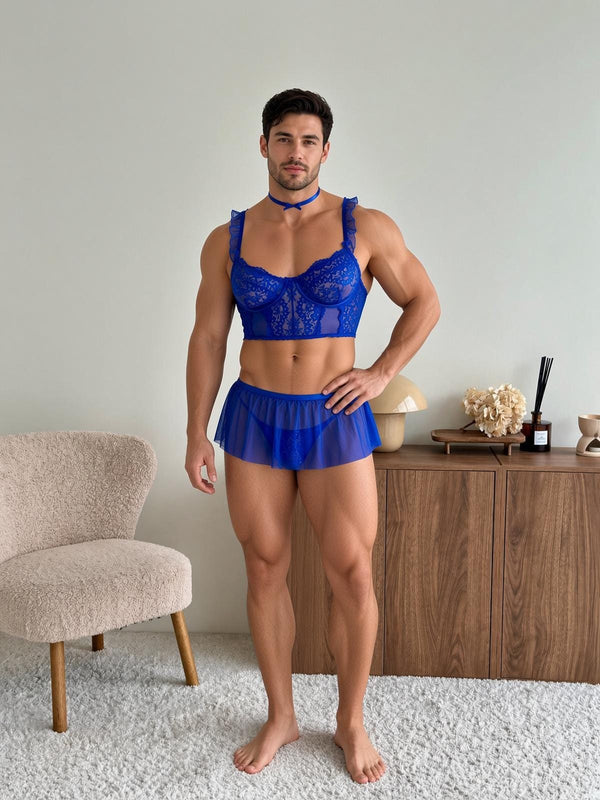 Blue Lace Lingerie Set for Men, Bra Skirt Choker Set Plus Size, Femboy Lingerie, Gay LGBTQ Fashion Set