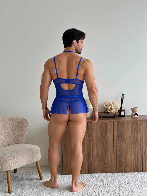 Blue Lace Lingerie Set for Men, Bra Skirt Choker Set Plus Size, Femboy Lingerie, Gay LGBTQ Fashion Set